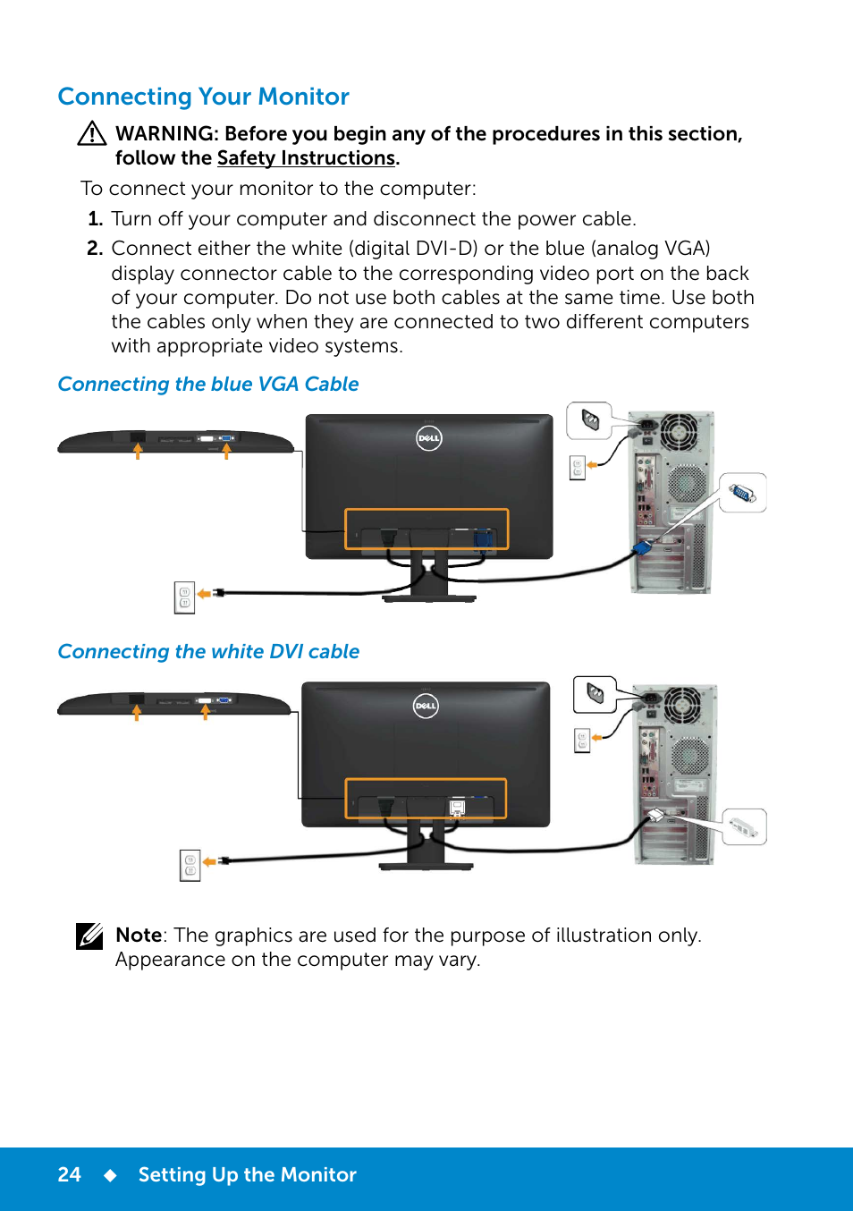 Connecting your monitor, Connecting the blue vga cable, Connecting the white dvi cable | Dell E2214Hv Monitor China Only User Manual | Page 24 / 68