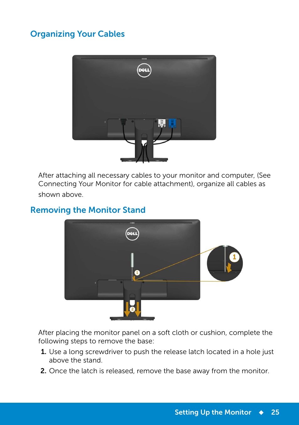Organizing your cables, Removing the monitor stand, Organizing your cables removing the monitor stand | Dell E2214Hv Monitor China Only User Manual | Page 25 / 68