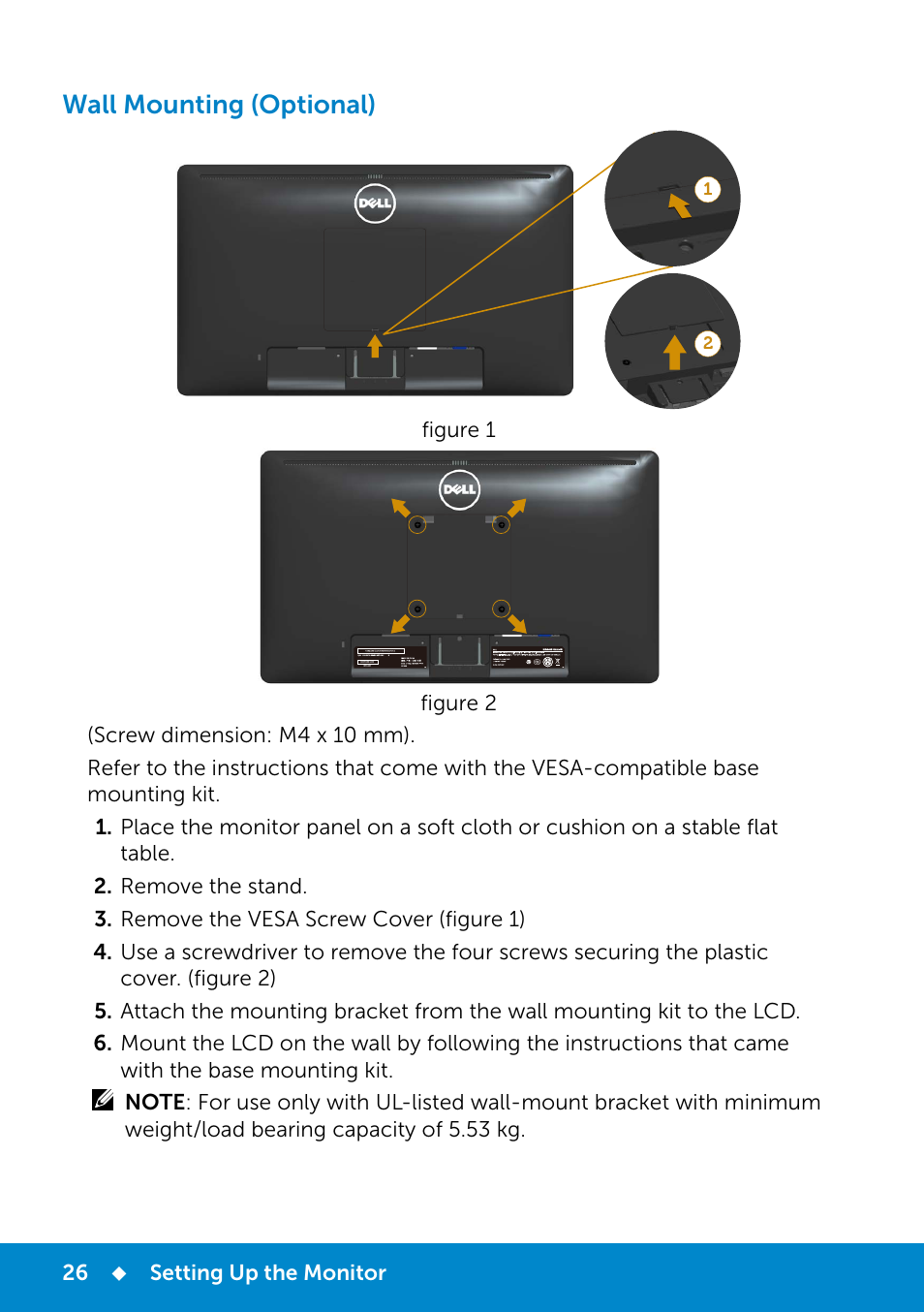 Wall mounting (optional) | Dell E2214Hv Monitor China Only User Manual | Page 26 / 68