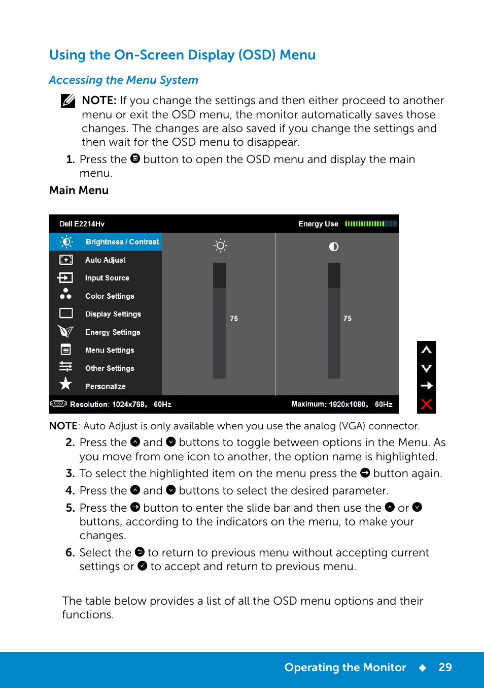 Using the on-screen display (osd) menu, Accessing the menu system | Dell E2214Hv Monitor China Only User Manual | Page 29 / 68