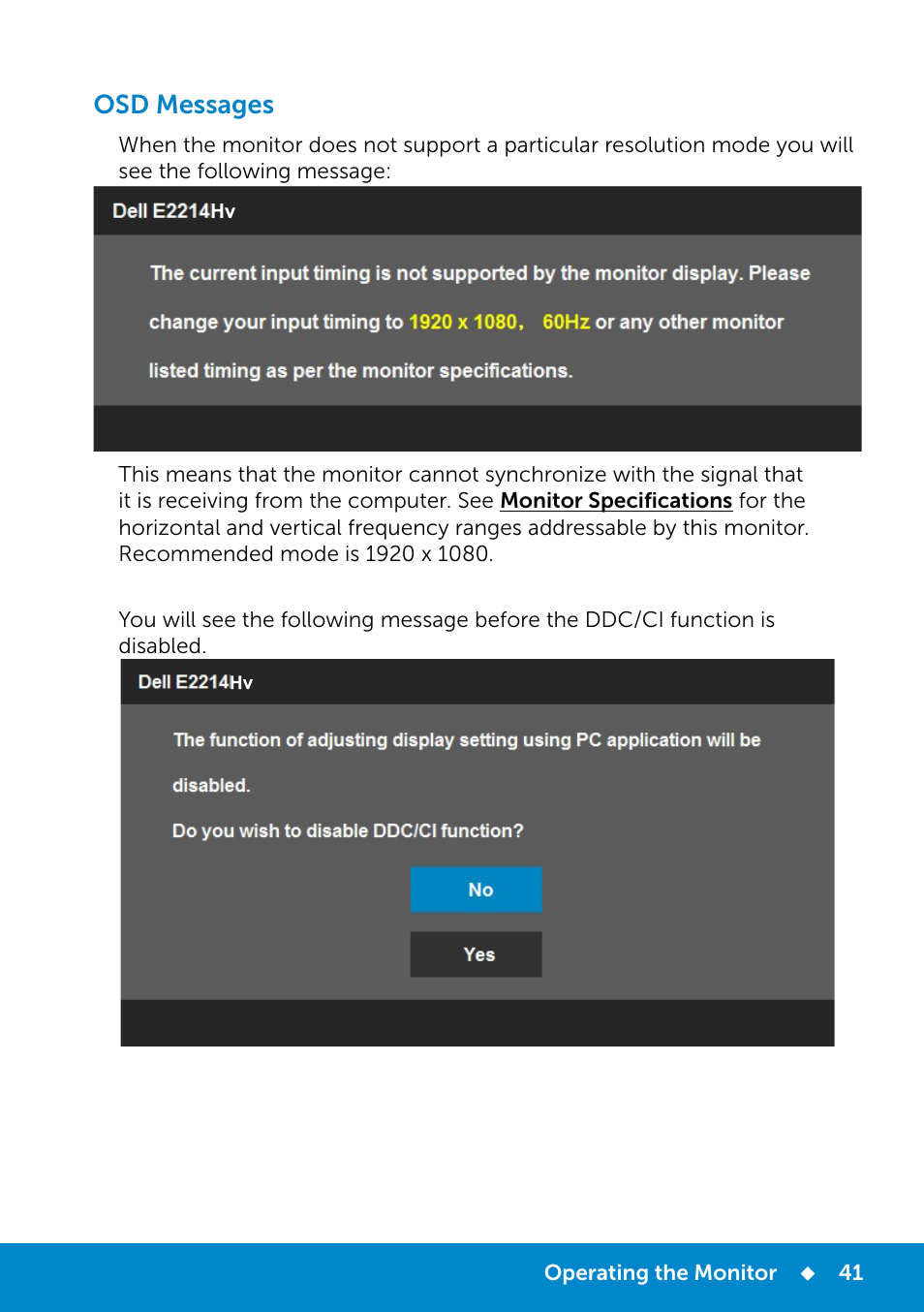 Osd messages | Dell E2214Hv Monitor China Only User Manual | Page 41 / 68