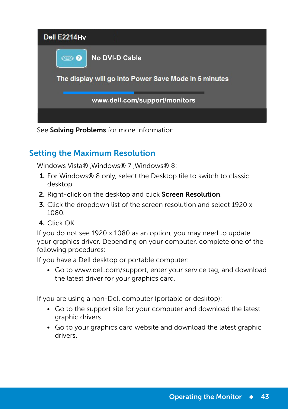 Setting the maximum resolution | Dell E2214Hv Monitor China Only User Manual | Page 43 / 68