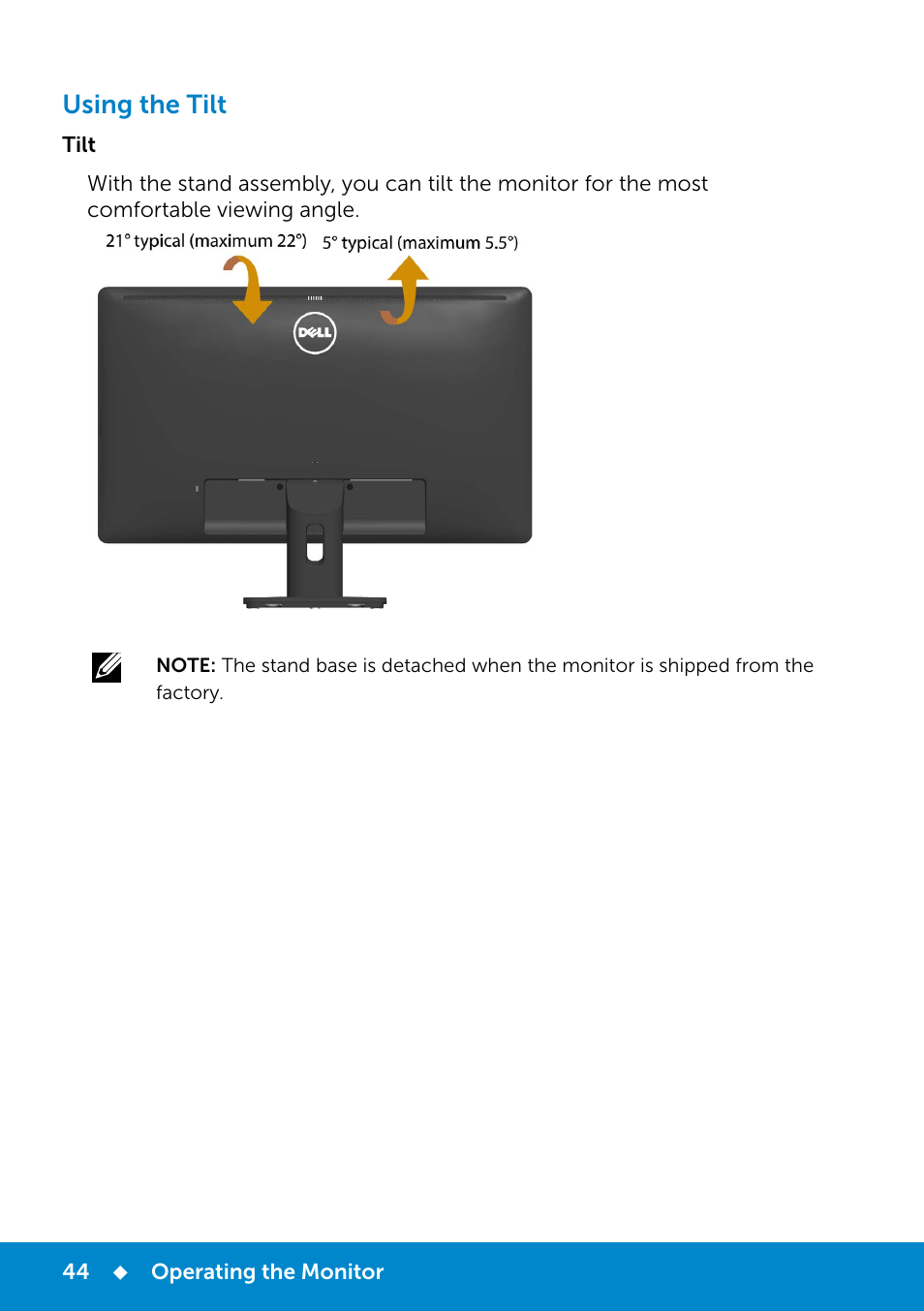 Using the tilt | Dell E2214Hv Monitor China Only User Manual | Page 44 / 68