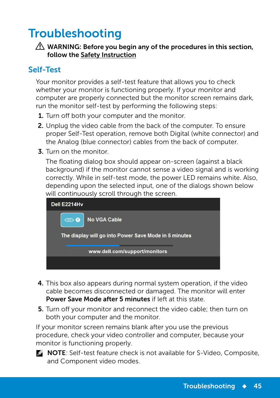 Troubleshooting, Self-test | Dell E2214Hv Monitor China Only User Manual | Page 45 / 68