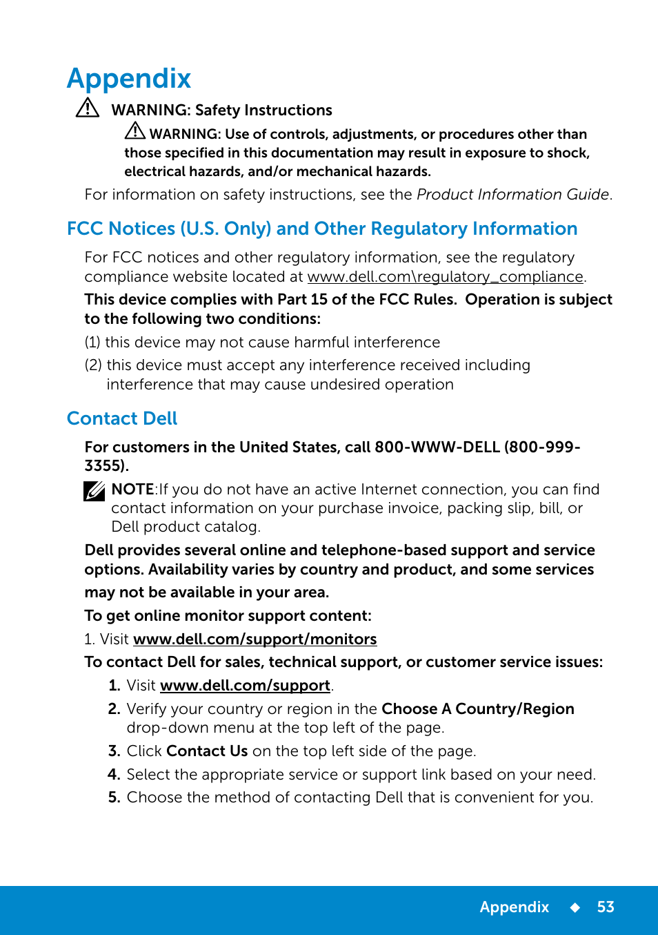 Appendix, Contact dell | Dell E2214Hv Monitor China Only User Manual | Page 53 / 68