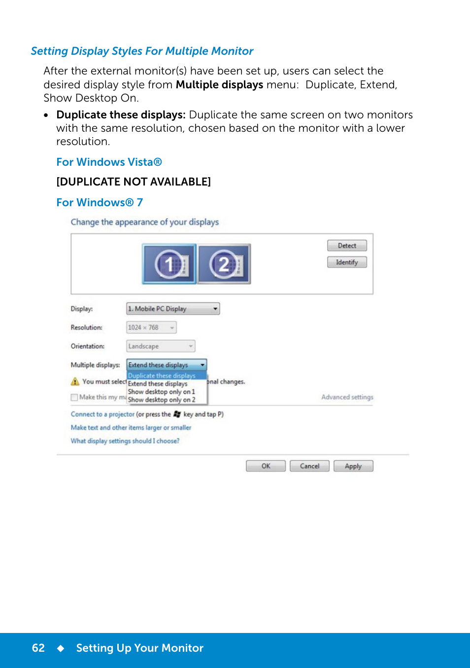 Setting display styles for multiple monitor | Dell E2214Hv Monitor China Only User Manual | Page 62 / 68