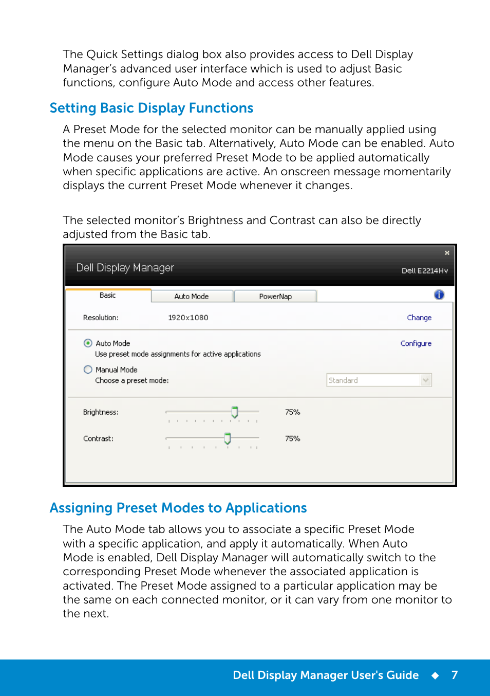 Setting basic display functions, Assigning preset modes to applications | Dell E2214Hv Monitor China Only User Manual | Page 7 / 68
