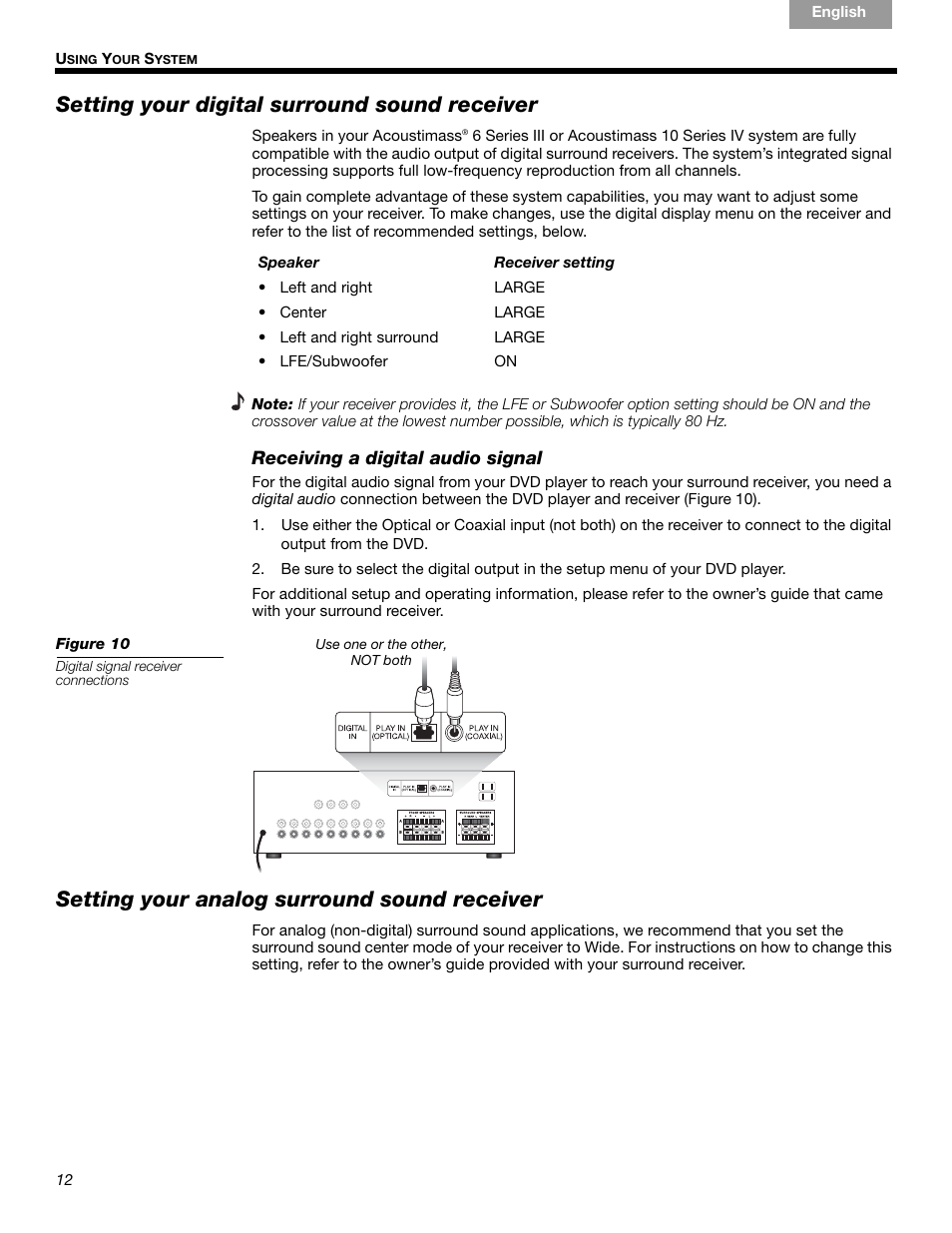 Setting your digital surround sound receiver, Setting your analog surround sound receiver | Bose Acoustimass 6 Series III User Manual | Page 12 / 16