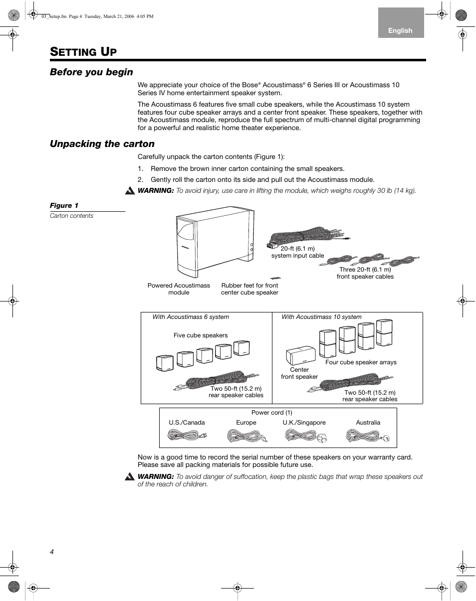 Etting, Before you begin, Unpacking the carton | Bose Acoustimass 6 Series III User Manual | Page 4 / 16