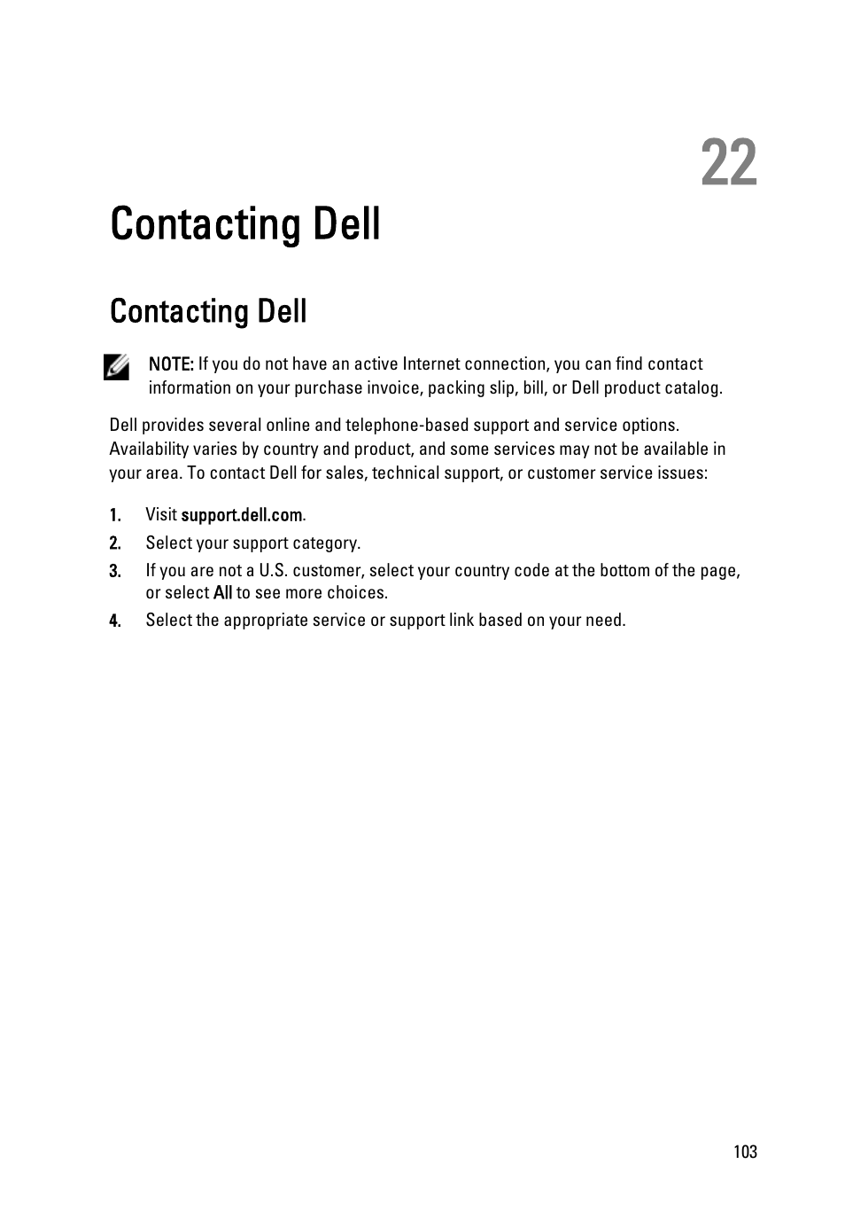 Contacting dell, 22 contacting dell | Dell OptiPlex 990 (Early 2011) User Manual | Page 103 / 103