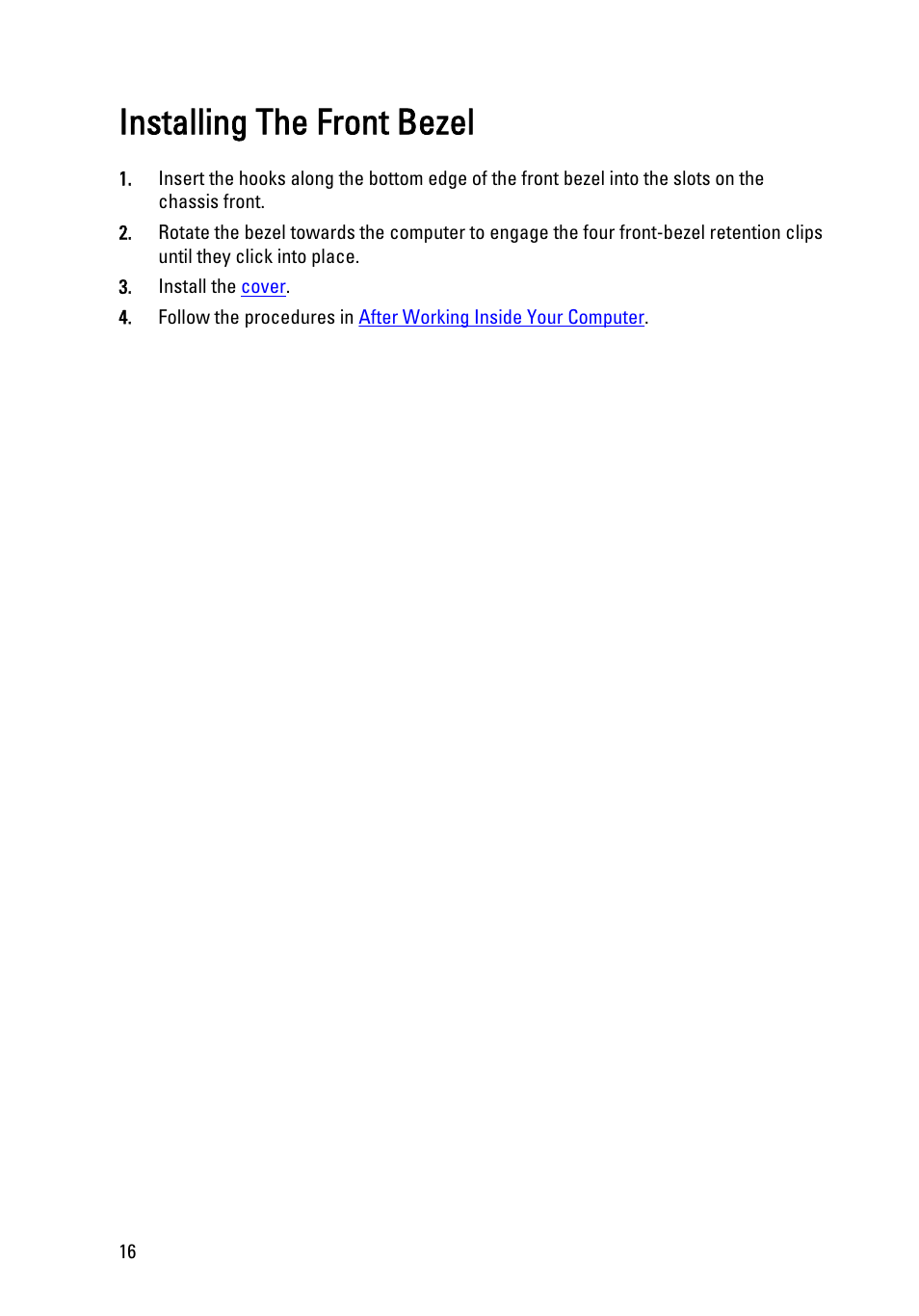 Installing the front bezel | Dell OptiPlex 990 (Early 2011) User Manual | Page 16 / 103