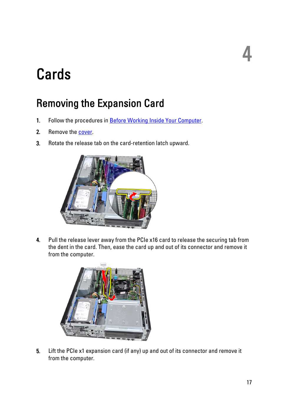 Cards, Removing the expansion card, 4 cards | Dell OptiPlex 990 (Early 2011) User Manual | Page 17 / 103