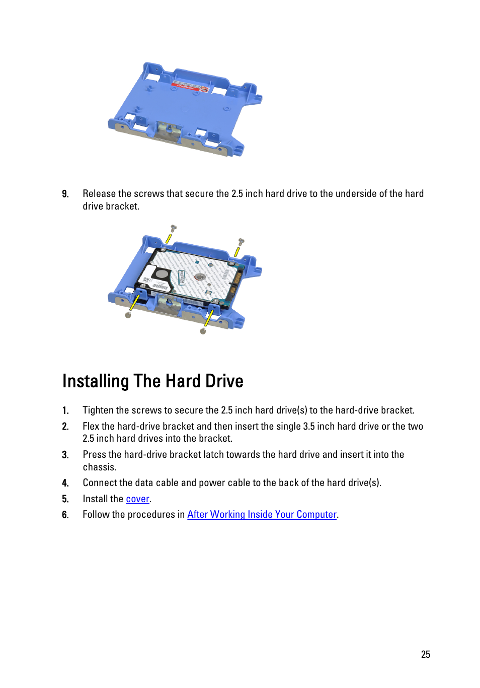 Installing the hard drive | Dell OptiPlex 990 (Early 2011) User Manual | Page 25 / 103