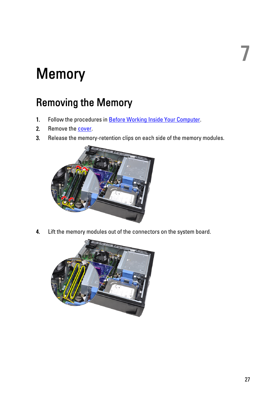 Memory, Removing the memory, 7 memory | Dell OptiPlex 990 (Early 2011) User Manual | Page 27 / 103