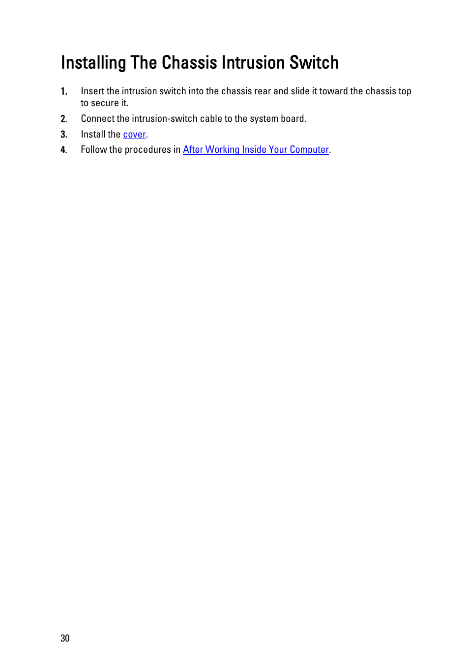 Installing the chassis intrusion switch | Dell OptiPlex 990 (Early 2011) User Manual | Page 30 / 103