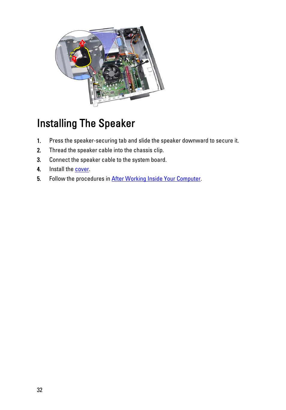 Installing the speaker | Dell OptiPlex 990 (Early 2011) User Manual | Page 32 / 103