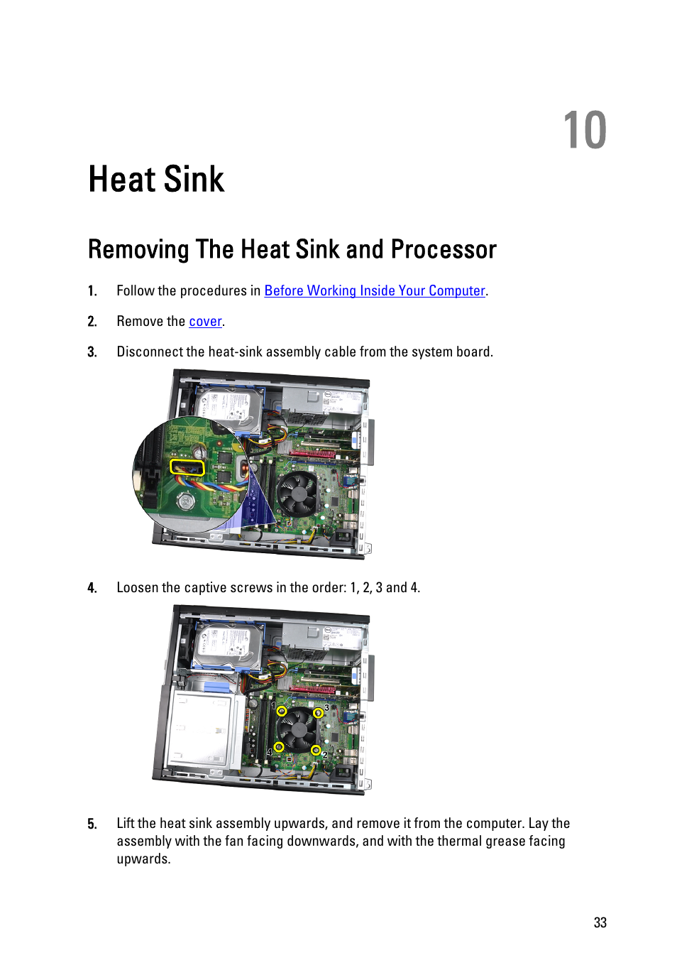 Heat sink, Removing the heat sink and processor, 10 heat sink | Dell OptiPlex 990 (Early 2011) User Manual | Page 33 / 103