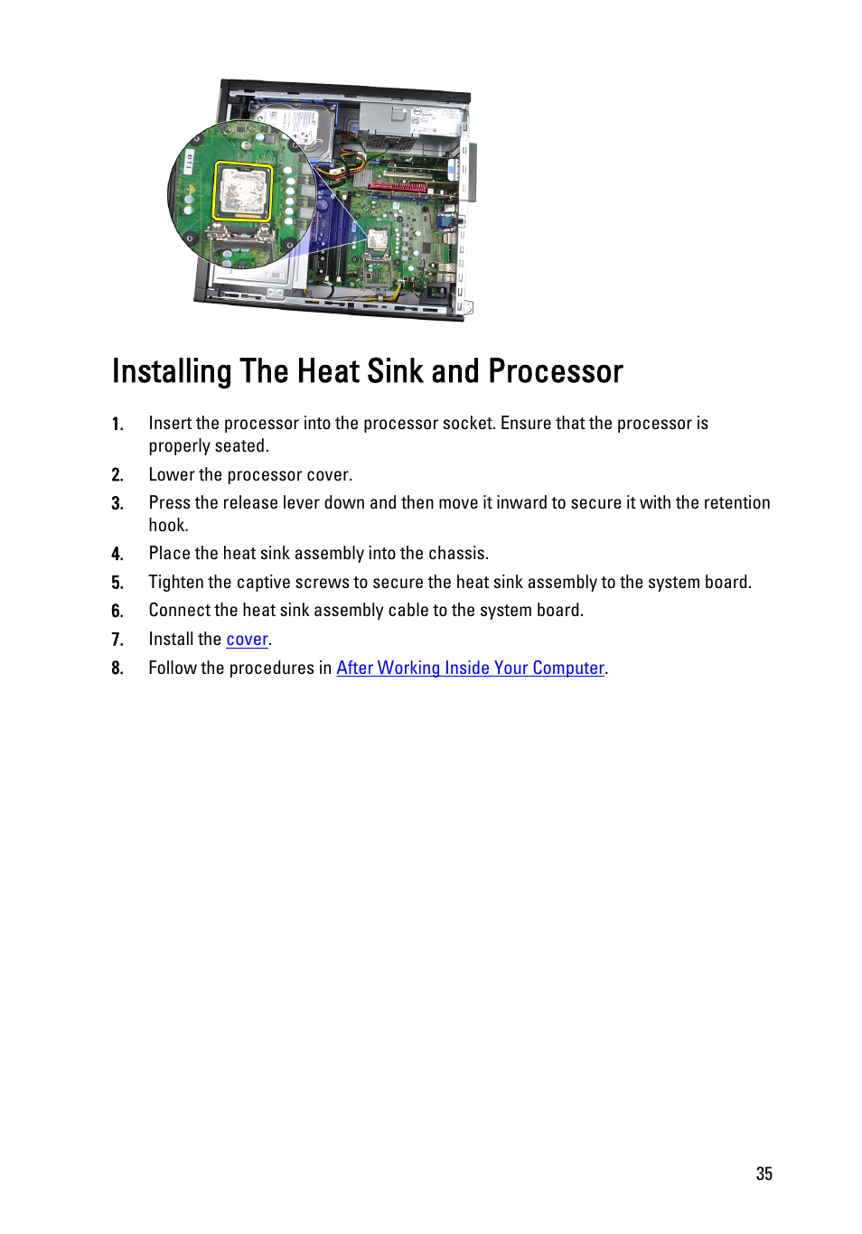 Installing the heat sink and processor | Dell OptiPlex 990 (Early 2011) User Manual | Page 35 / 103