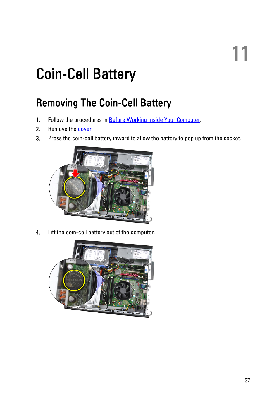 Coin-cell battery, Removing the coin-cell battery, 11 coin-cell battery | Dell OptiPlex 990 (Early 2011) User Manual | Page 37 / 103