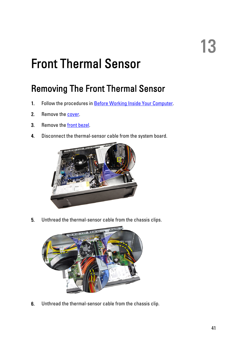 Front thermal sensor, Removing the front thermal sensor, 13 front thermal sensor | Dell OptiPlex 990 (Early 2011) User Manual | Page 41 / 103