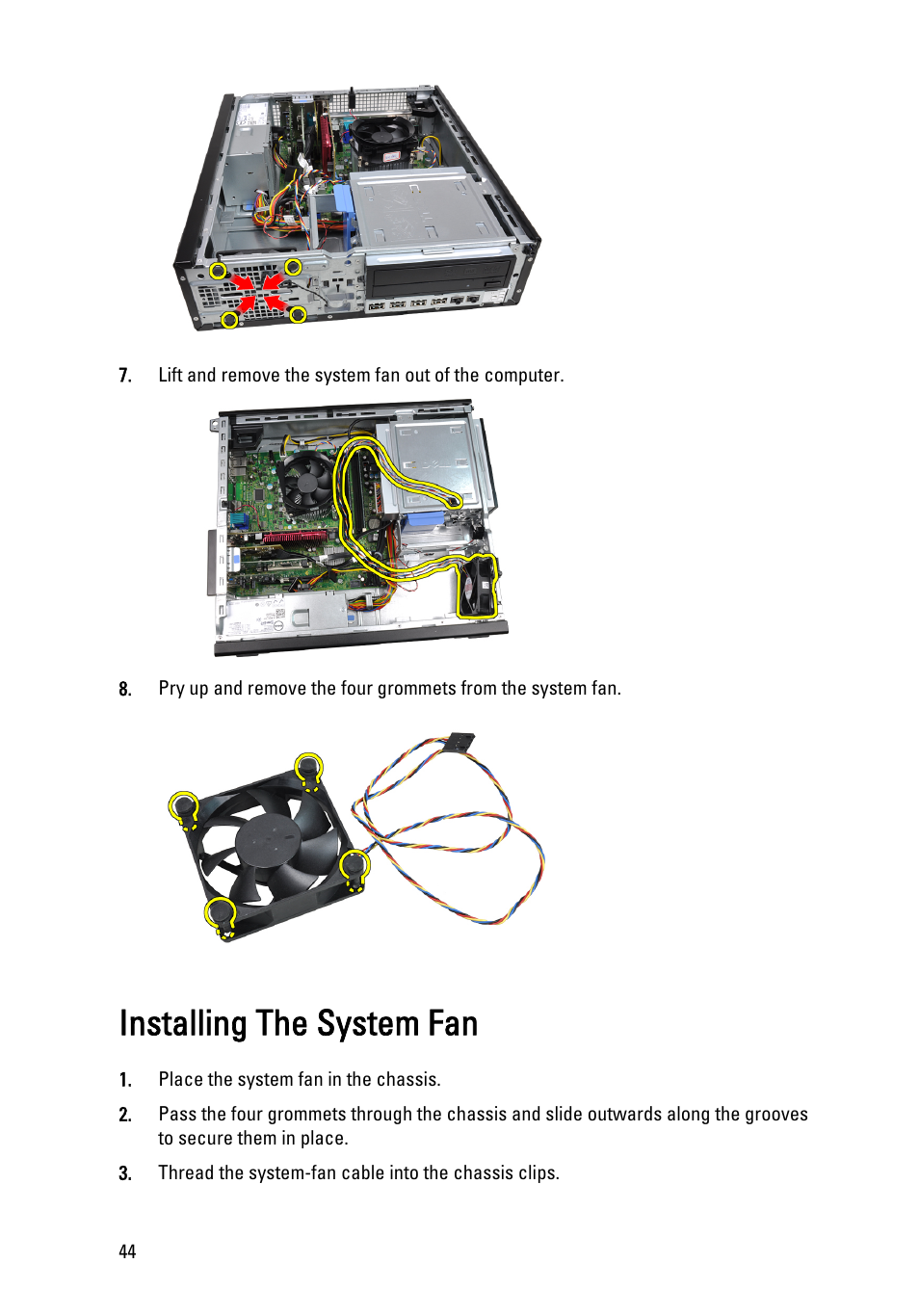 Installing the system fan | Dell OptiPlex 990 (Early 2011) User Manual | Page 44 / 103