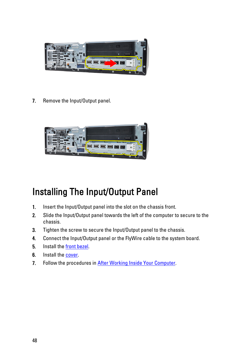 Installing the input/output panel | Dell OptiPlex 990 (Early 2011) User Manual | Page 48 / 103