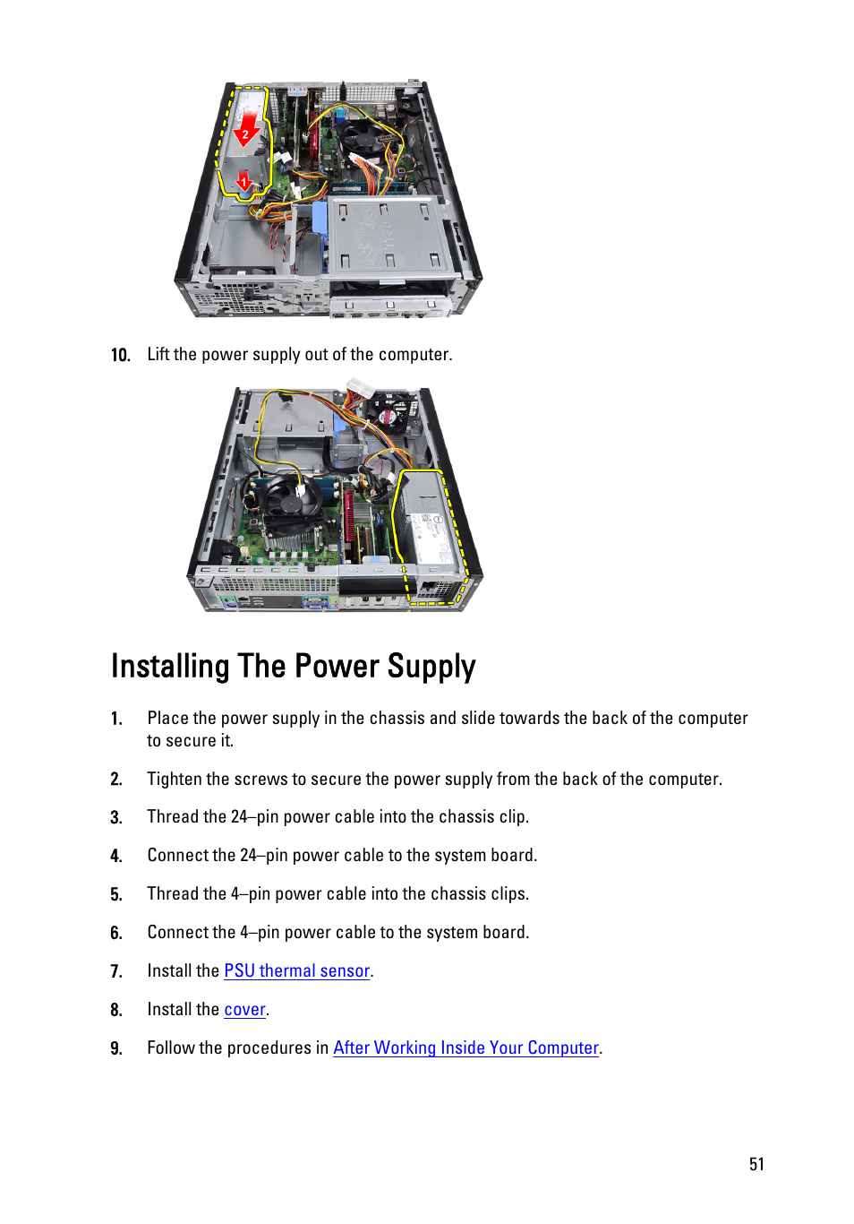 Installing the power supply | Dell OptiPlex 990 (Early 2011) User Manual | Page 51 / 103