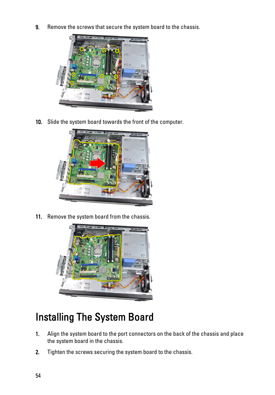 Installing the system board | Dell OptiPlex 990 (Early 2011) User Manual | Page 54 / 103