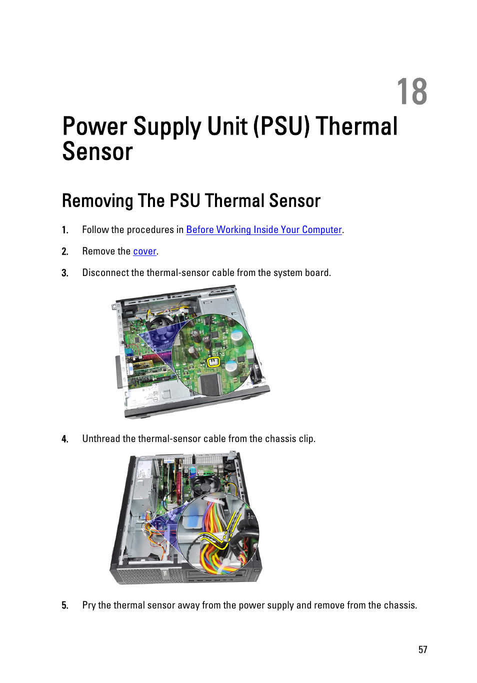 Power supply unit (psu) thermal sensor, Removing the psu thermal sensor, 18 power supply unit (psu) thermal sensor | Psu thermal sensor | Dell OptiPlex 990 (Early 2011) User Manual | Page 57 / 103