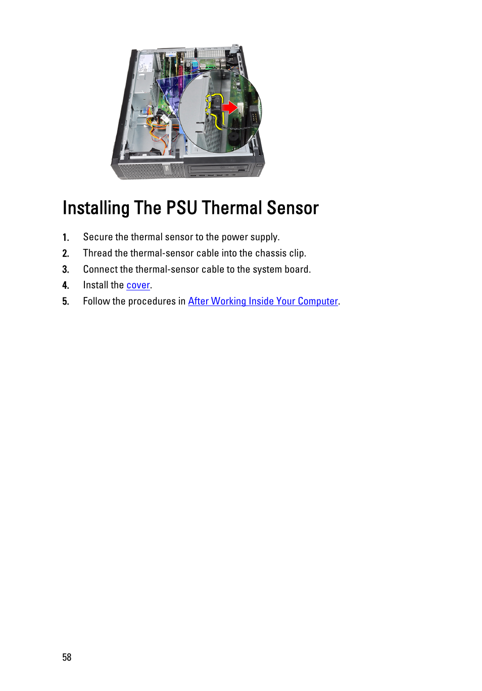 Installing the psu thermal sensor, Psu thermal sensor | Dell OptiPlex 990 (Early 2011) User Manual | Page 58 / 103