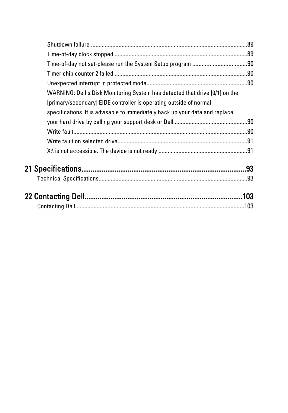 21 specifications, 22 contacting dell | Dell OptiPlex 990 (Early 2011) User Manual | Page 7 / 103