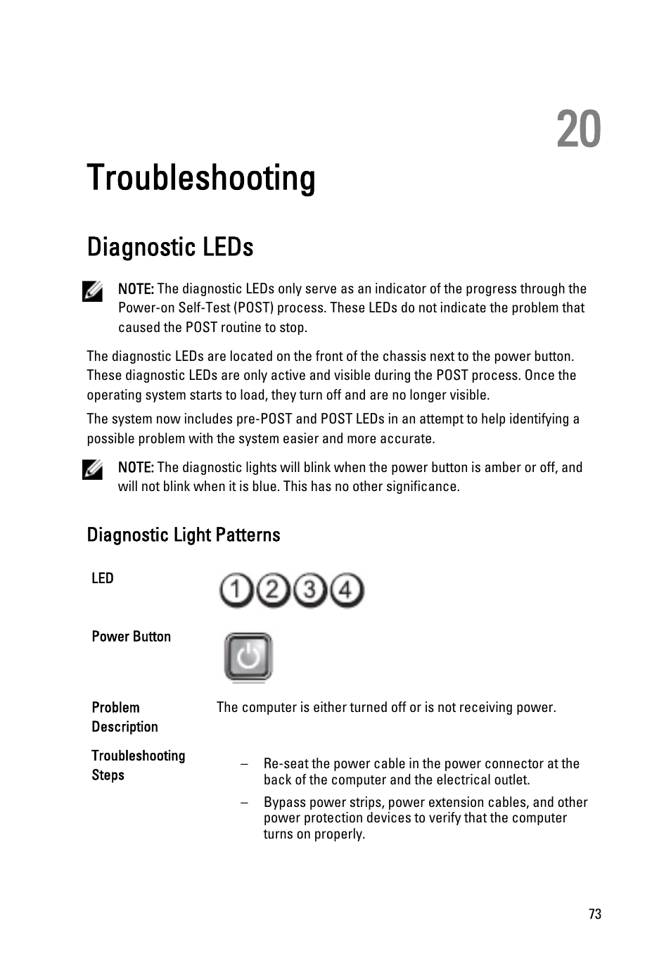 Troubleshooting, Diagnostic leds, Diagnostic light patterns | 20 troubleshooting | Dell OptiPlex 990 (Early 2011) User Manual | Page 73 / 103