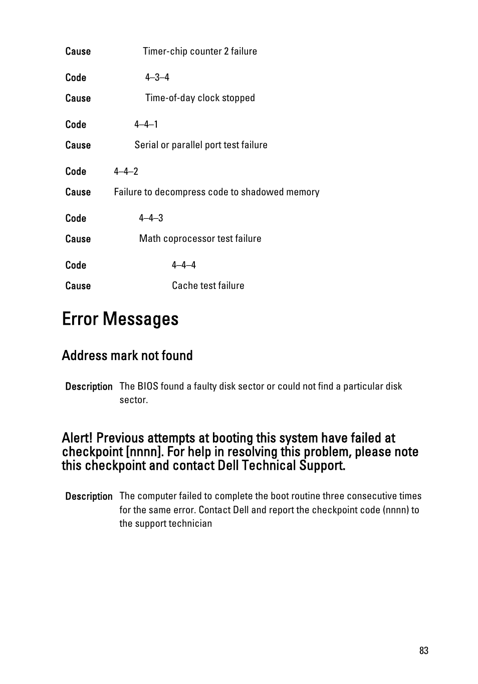 Error messages, Address mark not found | Dell OptiPlex 990 (Early 2011) User Manual | Page 83 / 103