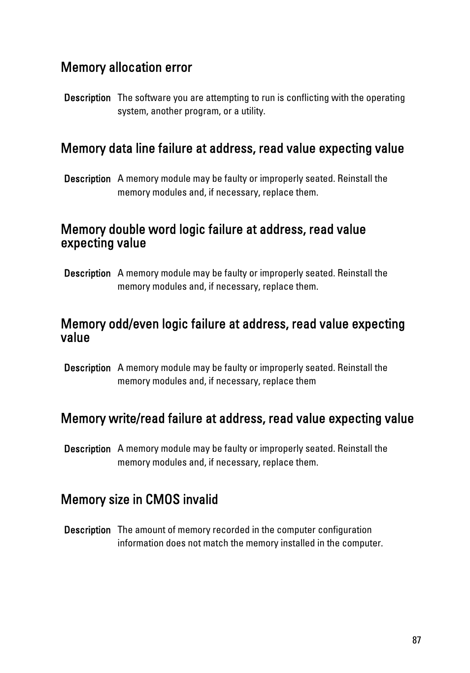 Memory allocation error, Memory size in cmos invalid | Dell OptiPlex 990 (Early 2011) User Manual | Page 87 / 103