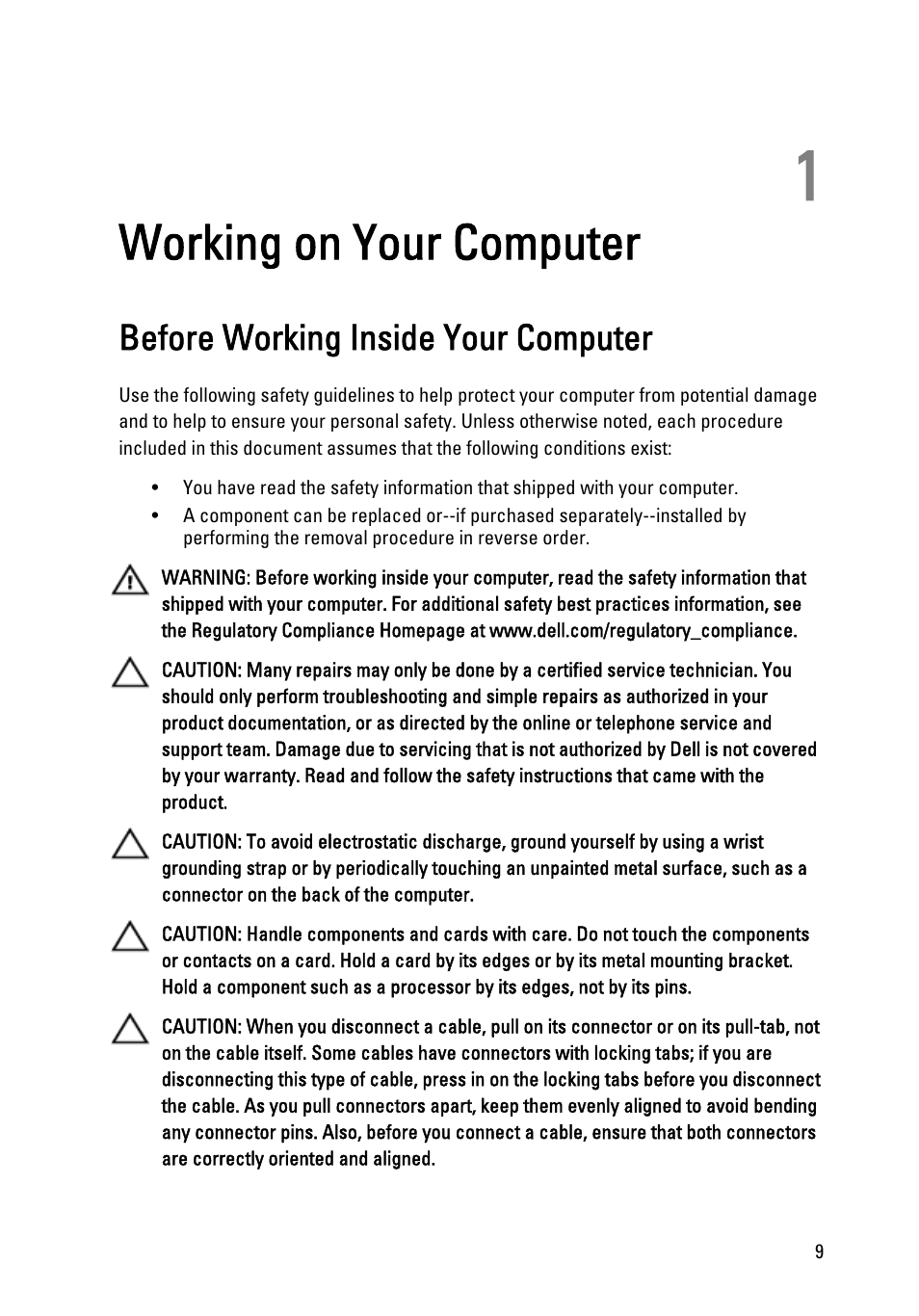 Working on your computer, Before working inside your computer, 1 working on your computer | Dell OptiPlex 990 (Early 2011) User Manual | Page 9 / 103