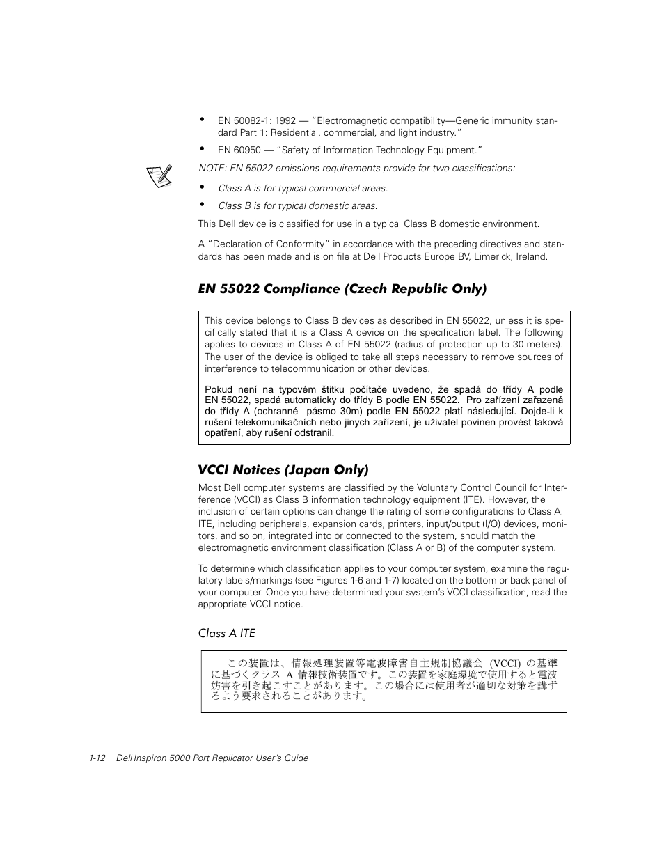 En 55022 compliance (czech republic only), Vcci notices (japan only), Class a ite | Dell Inspiron 5000 User Manual | Page 16 / 30