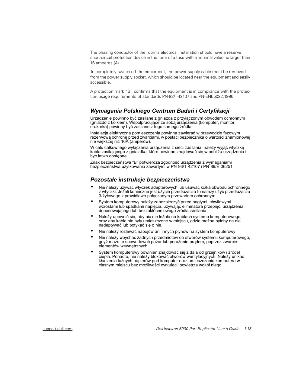 Wymagania polskiego centrum badaò i certyfikacji, Pozosta³e instrukcje bezpieczeòstwa | Dell Inspiron 5000 User Manual | Page 19 / 30