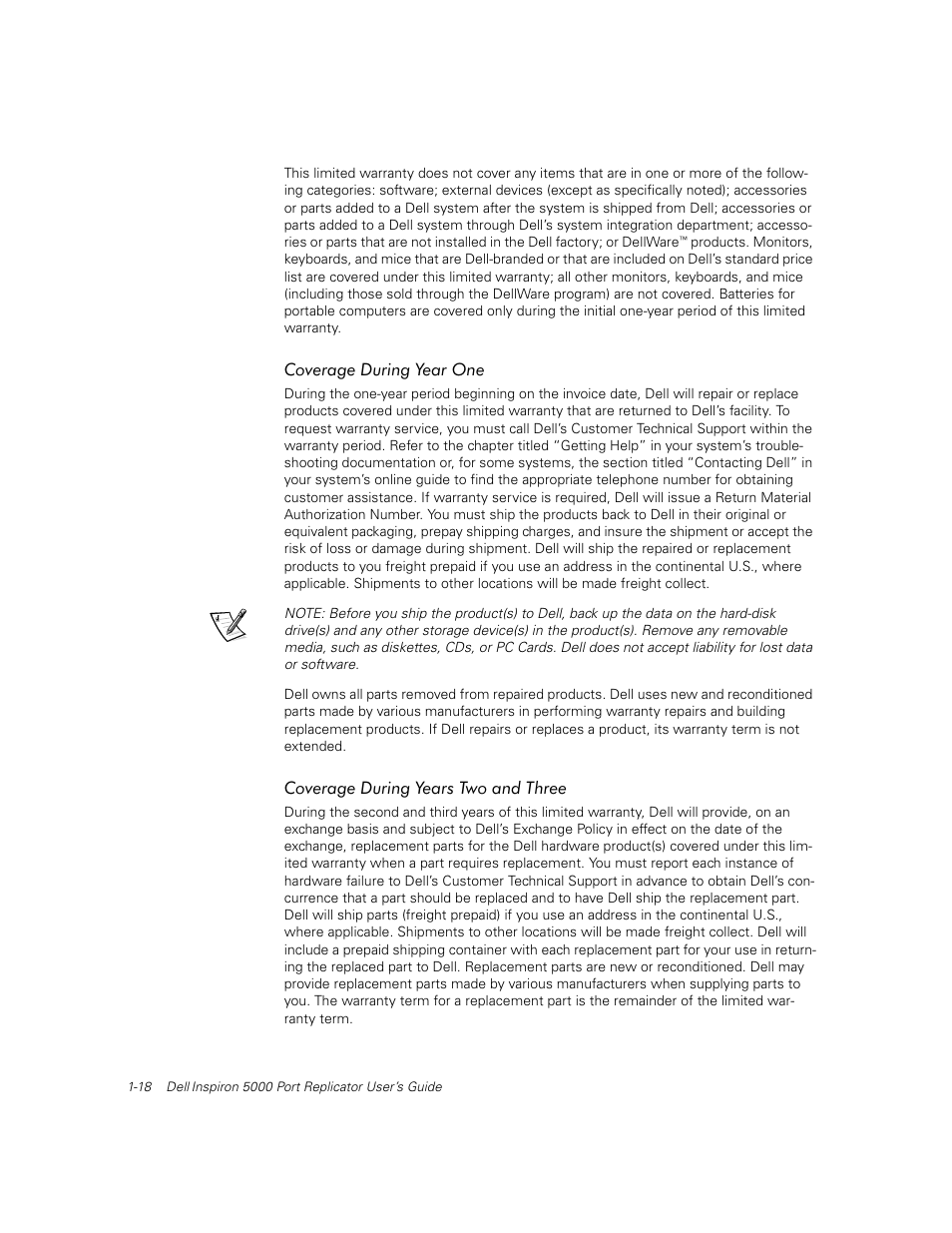 Coverage during year one, Coverage during years two and three | Dell Inspiron 5000 User Manual | Page 22 / 30