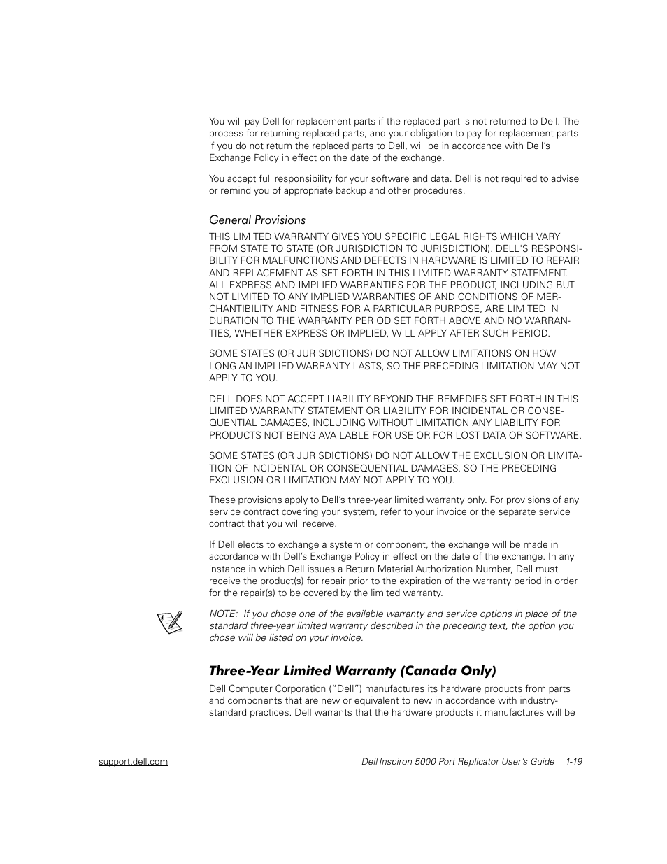 General provisions, Three-year limited warranty (canada only), 7kuhh<hdu/lplwhg:duudqw\ &dqdgd2qo | Dell Inspiron 5000 User Manual | Page 23 / 30