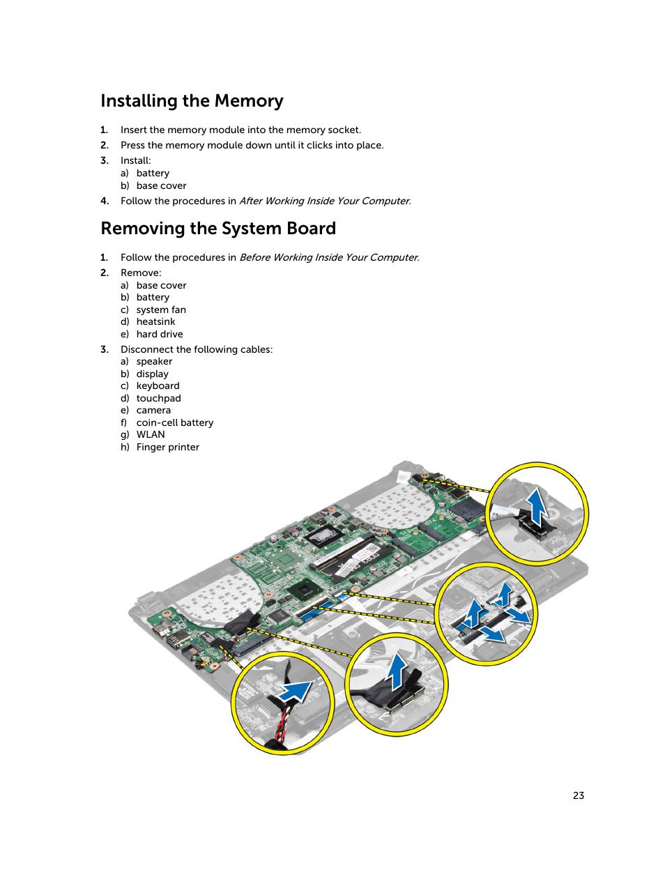 Installing the memory, Removing the system board | Dell Inspiron 14 (5439, Late 2013) User Manual | Page 23 / 45