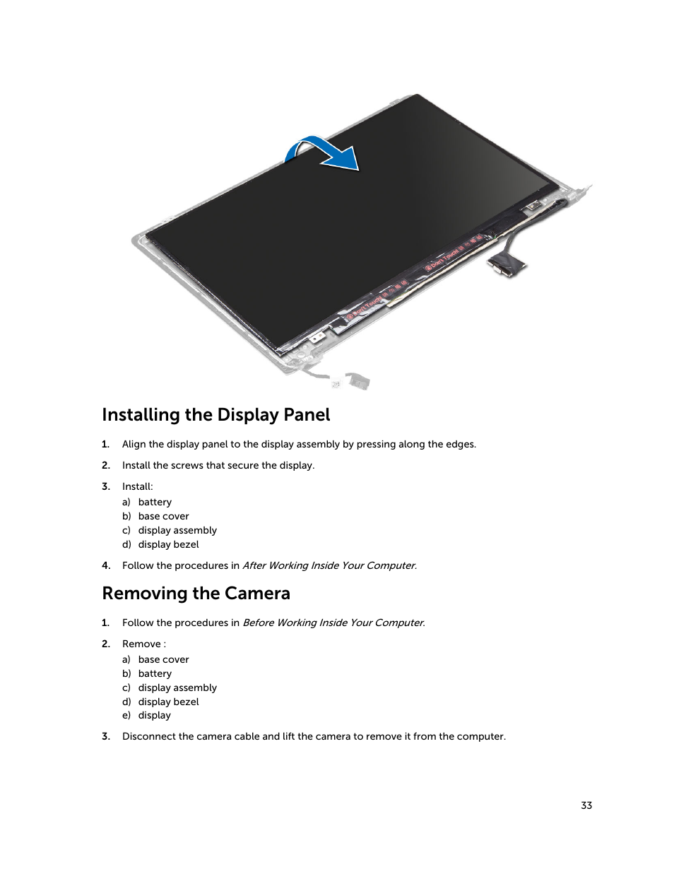 Installing the display panel, Removing the camera | Dell Inspiron 14 (5439, Late 2013) User Manual | Page 33 / 45