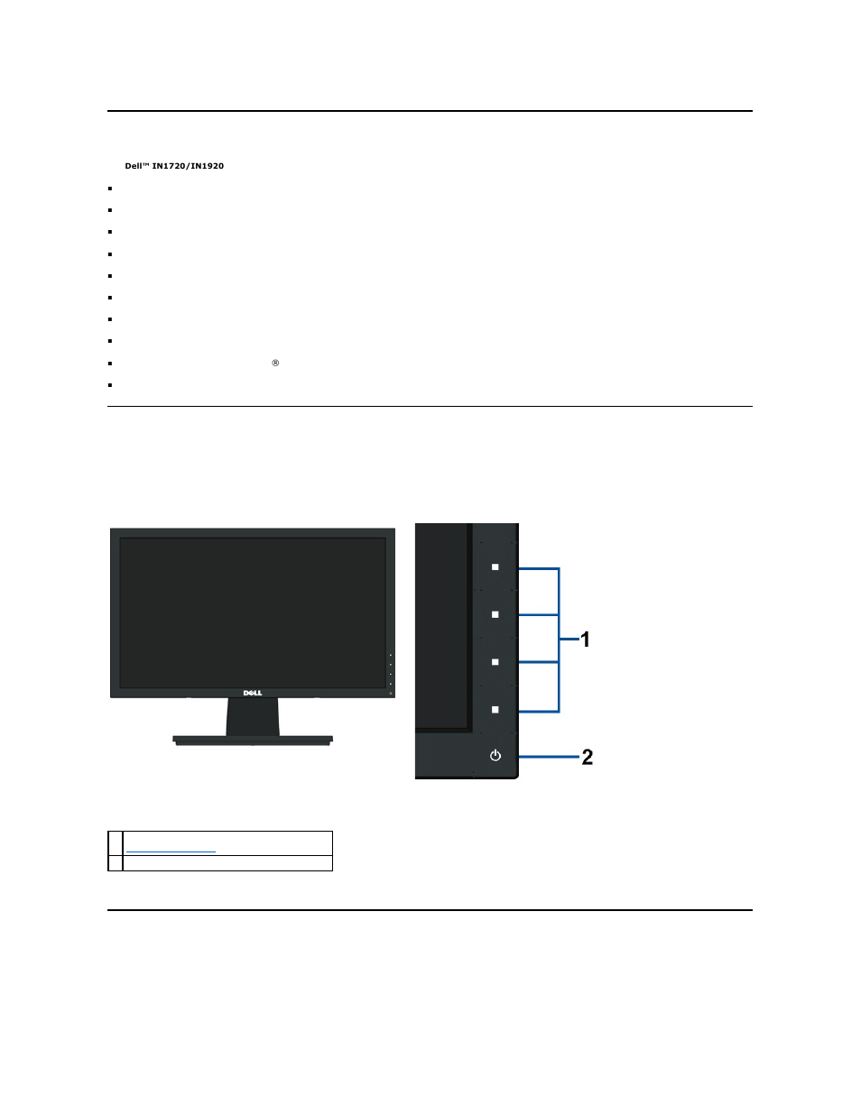 Product features, Identifying parts and controls, Front view | Back view | Dell IN1720 Monitor User Manual | Page 3 / 31