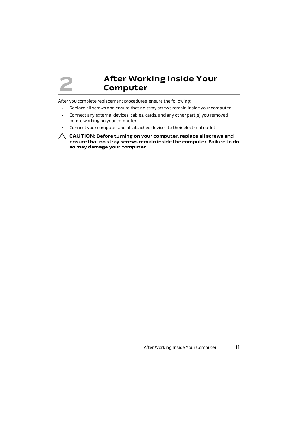 After working inside your, Computer 11, After working inside your computer | Dell Alienware M17x R4 (Early 2012) User Manual | Page 11 / 88