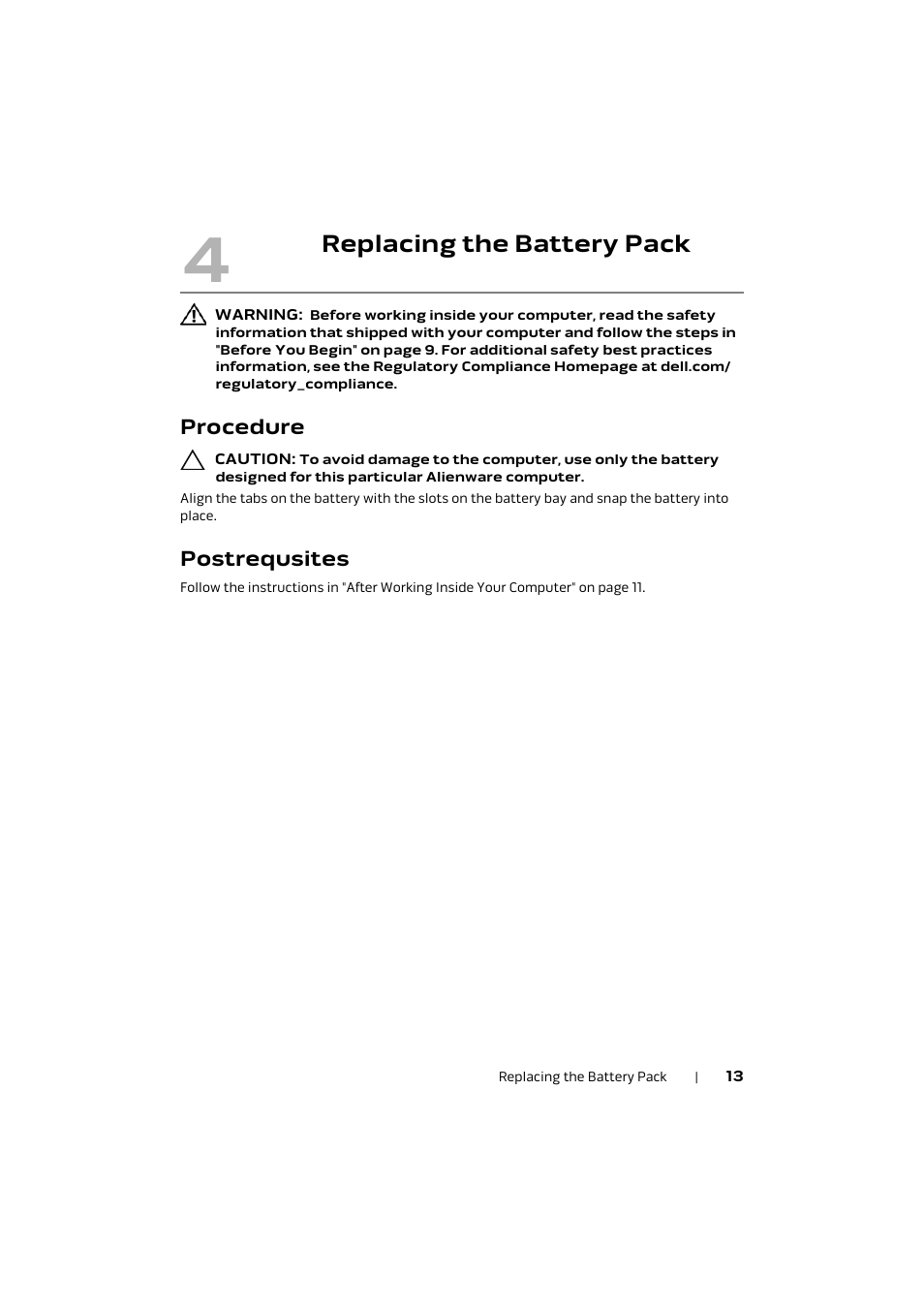Replacing the battery pack, Procedure, Postrequsites | Dell Alienware M17x R4 (Early 2012) User Manual | Page 13 / 88