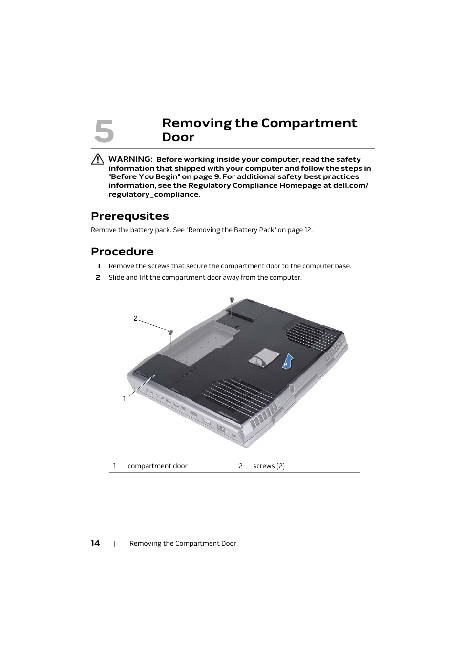 Prerequsites, Procedure, Removing the compartment door | Dell Alienware M17x R4 (Early 2012) User Manual | Page 14 / 88