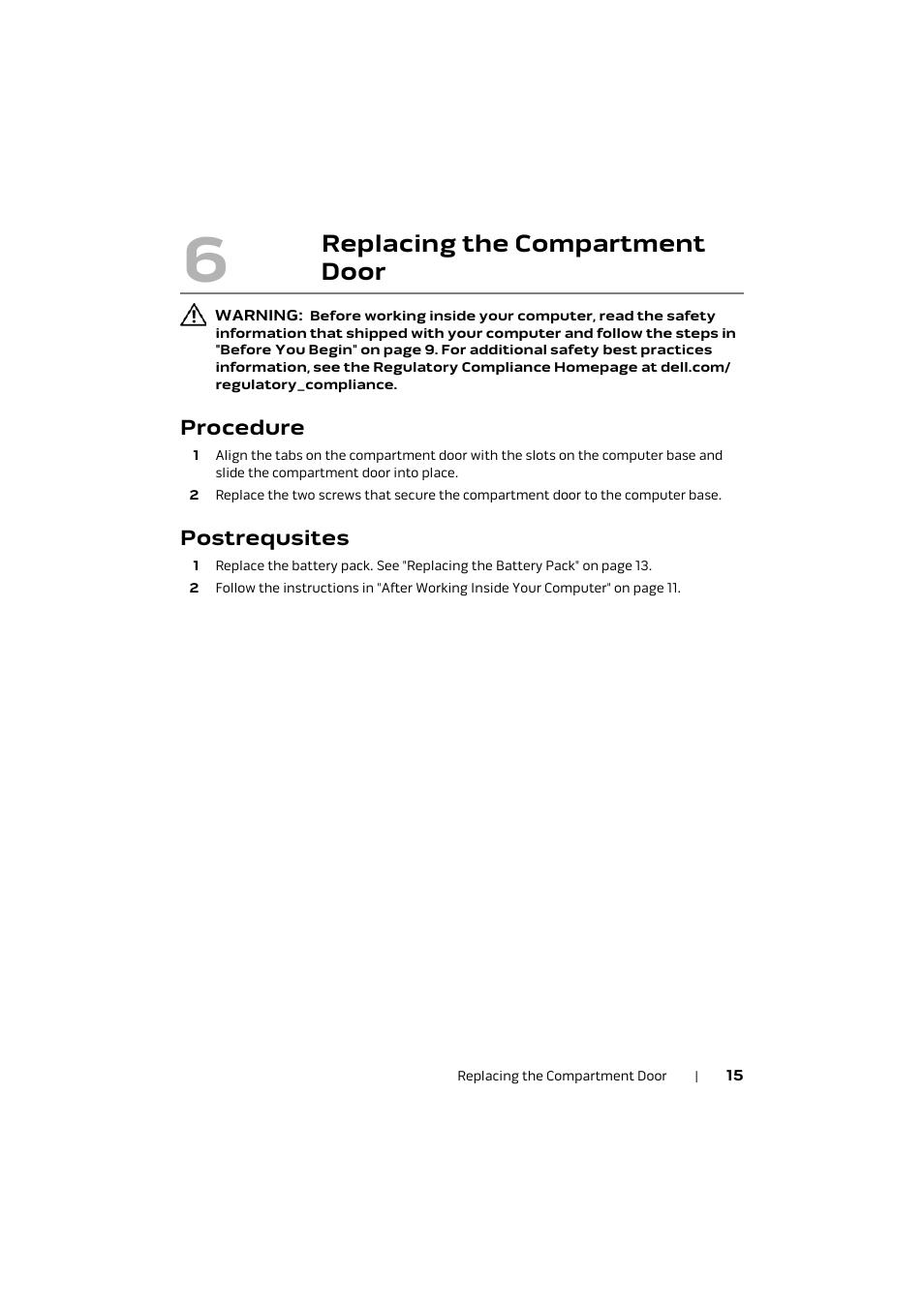 Procedure, Postrequsites, Replacing the compartment door | Dell Alienware M17x R4 (Early 2012) User Manual | Page 15 / 88