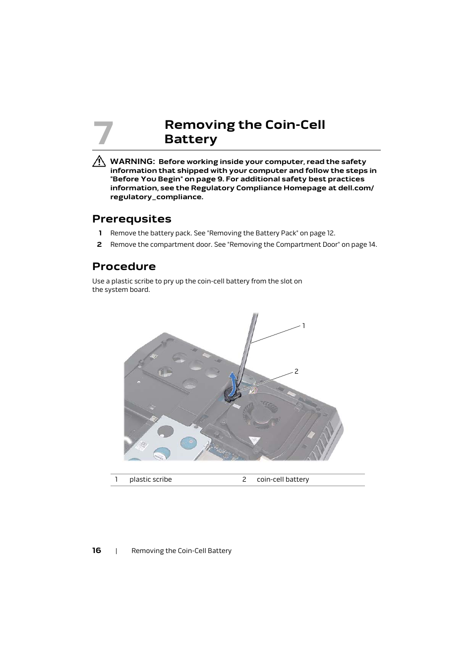 Prerequsites, Procedure, Removing the coin-cell battery | Dell Alienware M17x R4 (Early 2012) User Manual | Page 16 / 88