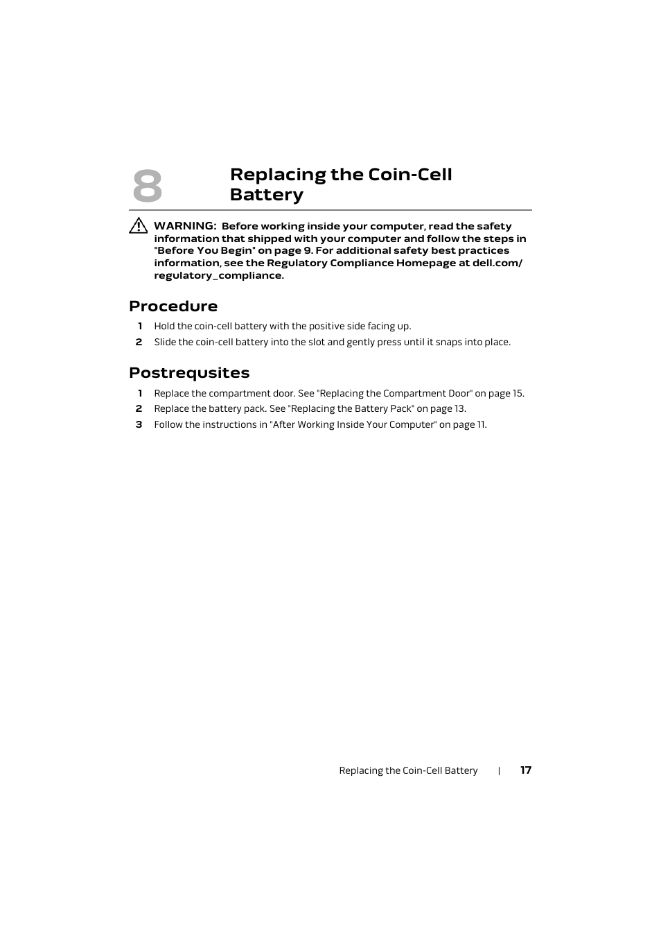 Procedure, Postrequsites, Replacing the coin-cell | Battery 17, Replacing the coin-cell battery | Dell Alienware M17x R4 (Early 2012) User Manual | Page 17 / 88