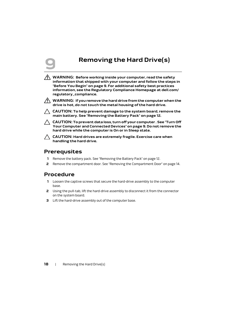 Removing the hard drive(s), Prerequsites, Procedure | Dell Alienware M17x R4 (Early 2012) User Manual | Page 18 / 88