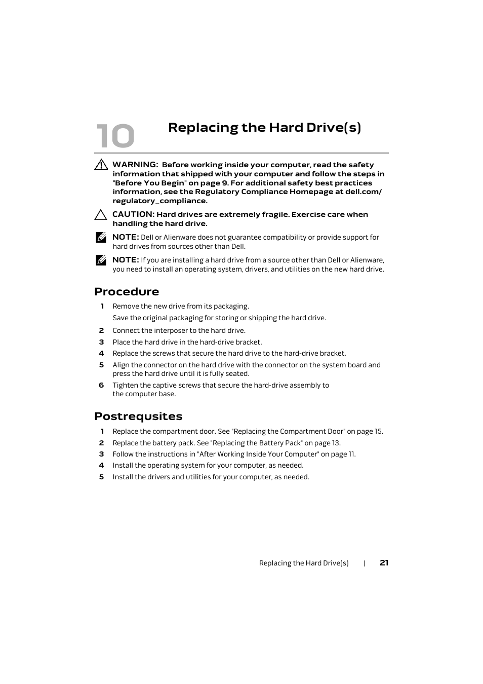 Replacing the hard drive(s), Procedure, Postrequsites | Dell Alienware M17x R4 (Early 2012) User Manual | Page 21 / 88